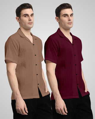 HEMAS LIFESTYLE Men Self Design, Solid Casual Brown, Maroon Shirt(Pack of 2)