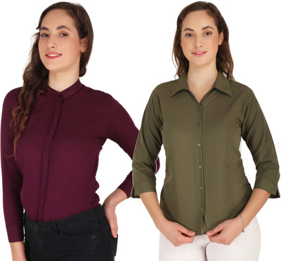 Miranga Women Solid Formal Khaki, Maroon Shirt(Pack of 2)