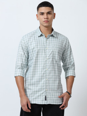 HETIERS Men Checkered Casual Green, White Shirt