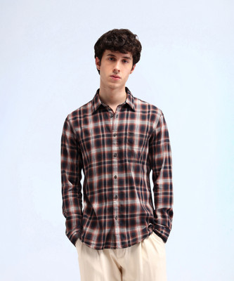 FLYING MACHINE Men Checkered Casual Orange Shirt