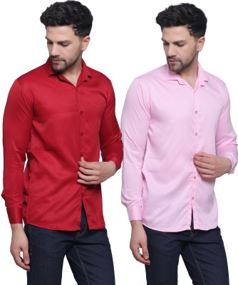 FILNECH Men Solid Casual Pink, Red Shirt(Pack of 2)