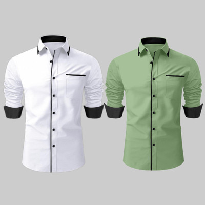 LAXBON Men Solid Casual White, Green Shirt(Pack of 2)