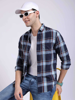 The Indian Garage Co. Men Checkered Casual Dark Blue Shirt