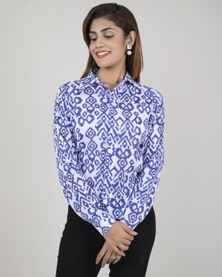 Kara Art House Women Printed Casual White, Blue Shirt