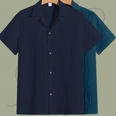 Jenil Fashion Men Self Design Casual Dark Blue, Blue Shirt(Pack of 2)