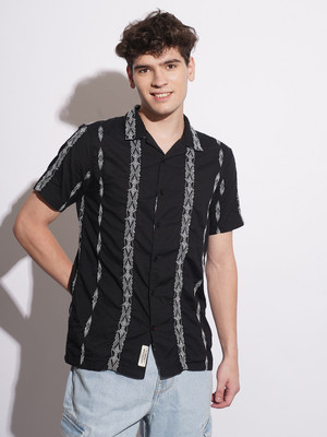 BEING HUMAN Men Striped Casual Black Shirt