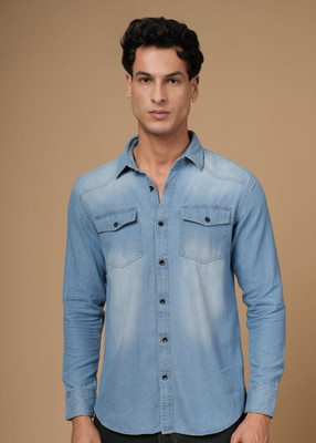 HAITCH Men Washed Casual Light Blue Shirt