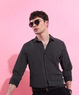 HIGHLANDER Men Striped Formal Black Shirt