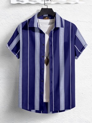 SYSBELLA FASHION Men Striped Casual White, Dark Blue Shirt