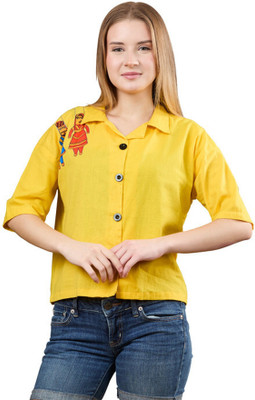 sikrifab Women Printed Casual Yellow Shirt