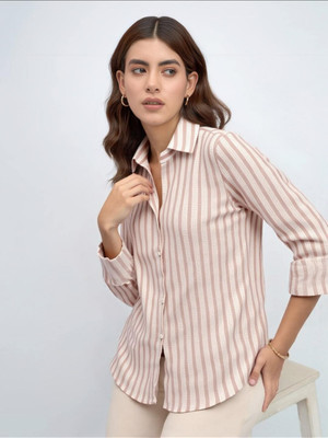 MAYKR Women Striped Casual Beige Shirt