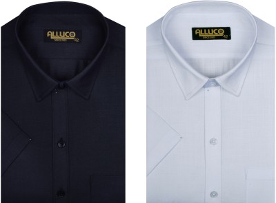 ALLUCO Men Solid Formal White, Black Shirt(Pack of 2)