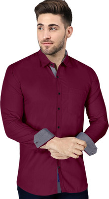 P & V Creations Men Solid Casual Maroon Shirt