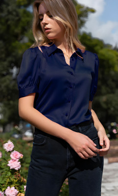 Hityani Women Solid Casual Blue Shirt