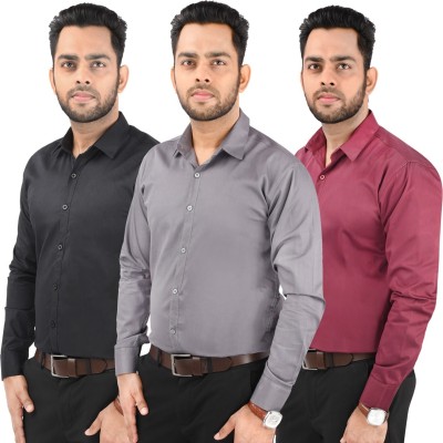 CRAFT HEAVEN Men Solid Casual Maroon, Black, Grey Shirt(Pack of 3)