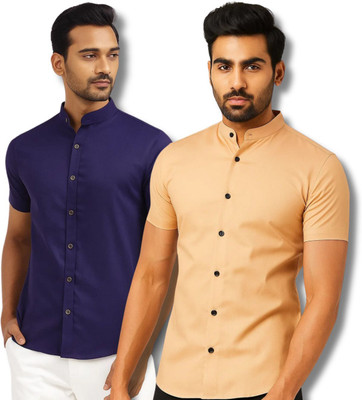 VIMASUTI Men Solid Casual Dark Blue, Orange Shirt(Pack of 2)