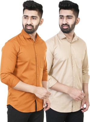 Feel high Men Solid Casual Brown, Cream Shirt(Pack of 2)