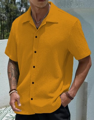 COMBRAIDED Men Self Design Casual Yellow Shirt