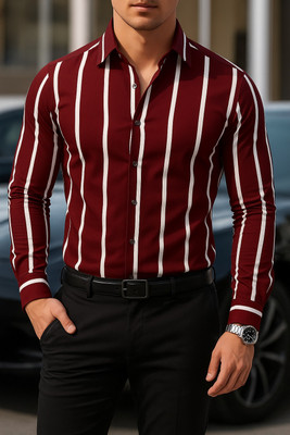 iCome Men Striped Formal Maroon, White Shirt