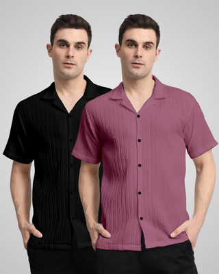 kruze Men Self Design Casual Black, Pink Shirt(Pack of 2)