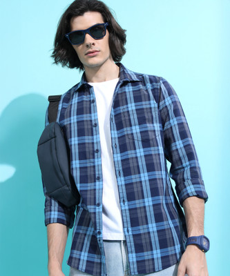 HIGHLANDER Men Checkered Casual Dark Blue Shirt