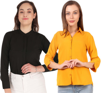Miranga Women Solid Formal Black, Yellow Shirt(Pack of 2)