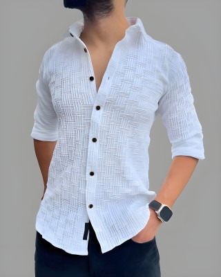 mahakal Men Self Design Casual White Shirt