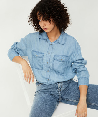 MAX Women Printed Casual Blue Shirt