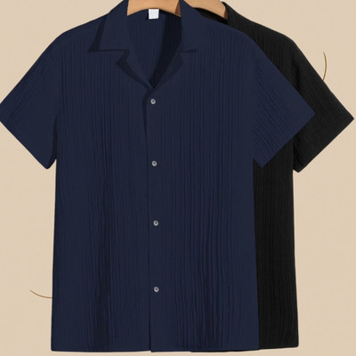 Looksky Men Self Design Casual Dark Blue, Black Shirt(Pack of 2)