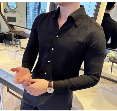 Vrunda tavi Men Self Design Formal Black Shirt