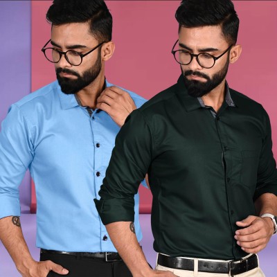 Tee Projekt Men Solid Formal Light Blue, Dark Green Shirt(Pack of 2)