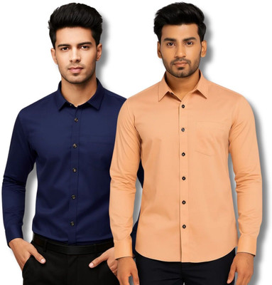 CROWNTAIL Men Solid Casual Dark Blue, Orange Shirt(Pack of 2)