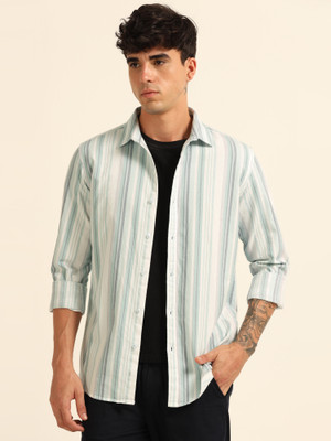 Bushirt Men Striped Casual Light Blue Shirt