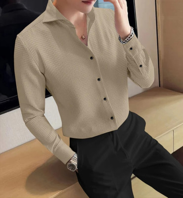 GCFAB Men Checkered, Self Design Casual Cream Shirt