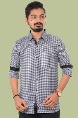 PUBHIZA Men Checkered Casual Dark Blue Shirt
