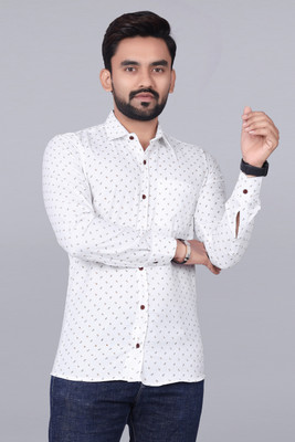 BOUGHT FIRST Men Printed Casual White, Brown Shirt