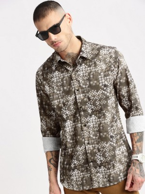 Showoff Men Printed Casual Dark Green, White Shirt