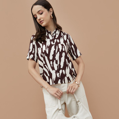 Fame Forever by Lifestyle Women Printed Casual Brown, White Shirt