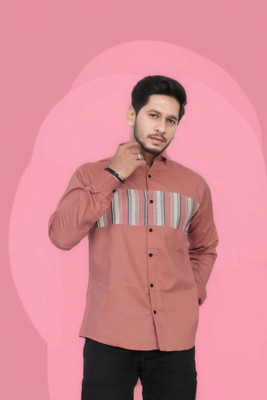 U AND J TREND Men Self Design, Color Block Casual Pink Shirt