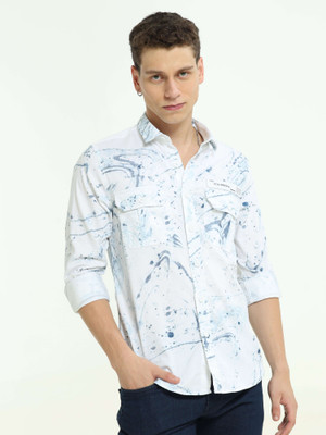 Estilocus Men Printed Casual Blue, White Shirt