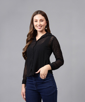 bright nex Women Embroidered Casual Black Shirt