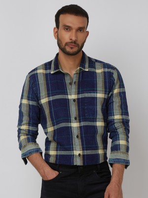 MUFTI Men Checkered Casual Dark Blue Shirt