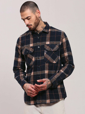 SHOWOFFFF Men Checkered Casual Dark Blue Shirt