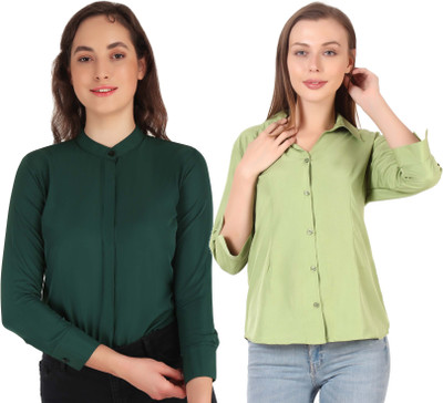 Miranga Women Solid Casual Blue Shirt(Pack of 2)