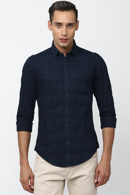 PETER ENGLAND Men Self Design Casual Dark Blue Shirt