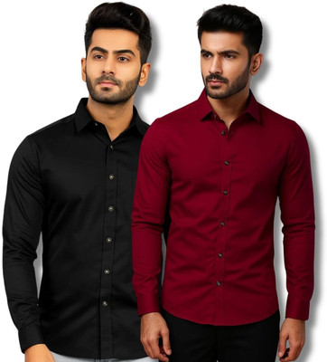 GOD HEART Men Solid Casual Black, Maroon Shirt(Pack of 2)