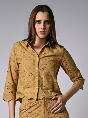 Kraus Jeans Women Self Design Casual Yellow Shirt