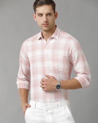 Linen Club Men Checkered Casual Pink, White Shirt