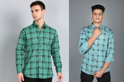 Tanip Men Checkered Casual Dark Green, Light Blue, Black Shirt(Pack of 2)