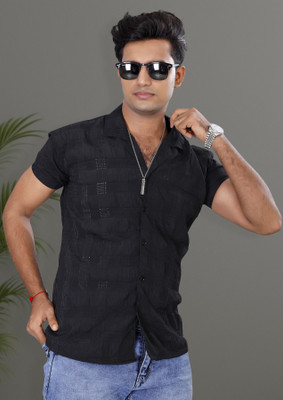 MAN'S SUITUP Men Striped Formal Black Shirt